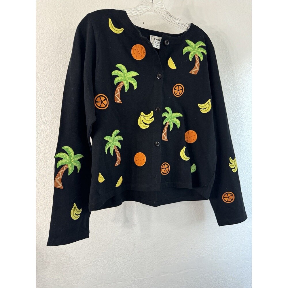 Emma Tricot New York Vintage Fully Embroidered Cardigan Palm Trees Fruit Large
